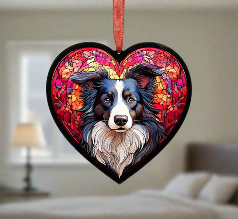 Border Collie Longhaired Stained Glass Effect Heart Suncatcher